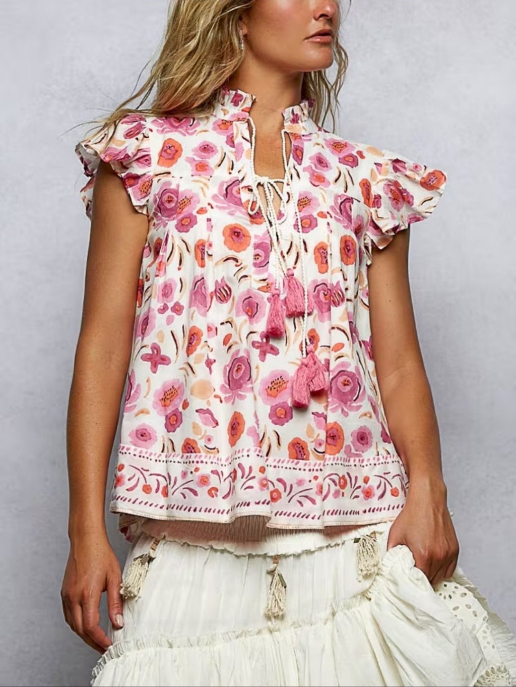 305. Pol Floral Tie-Front Flutter Sleeve Top - Pink